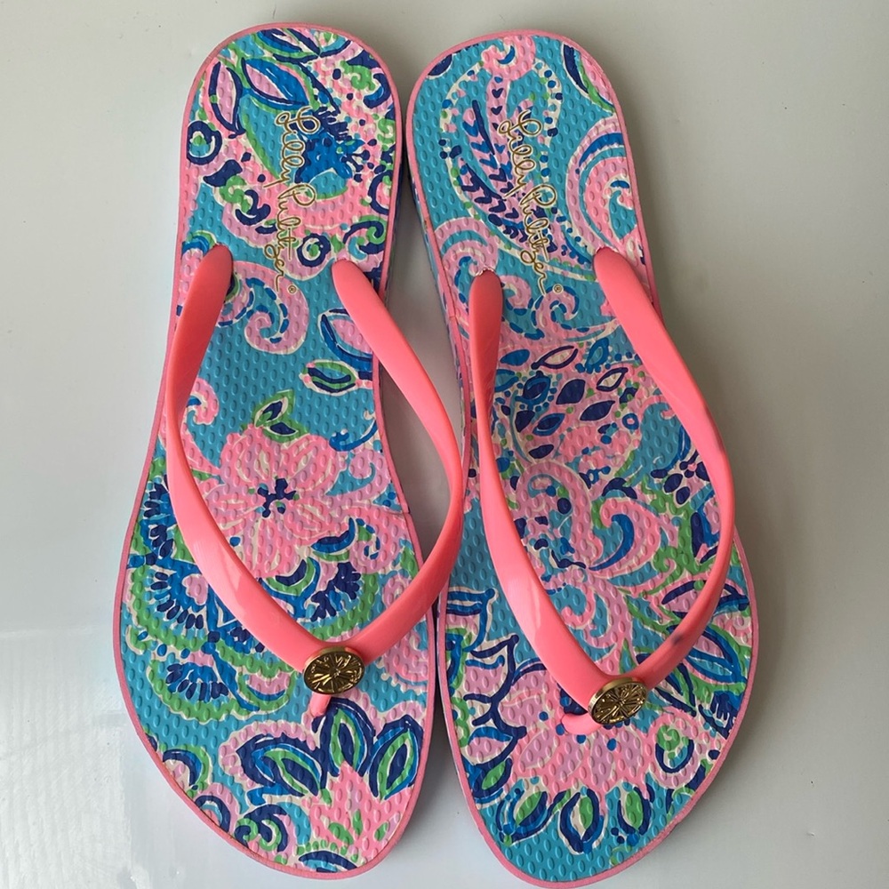 Lilly Pulitzer Women's POOL‎ FLIP FLOP Sandals Blue Horizon Jungle size 9/10